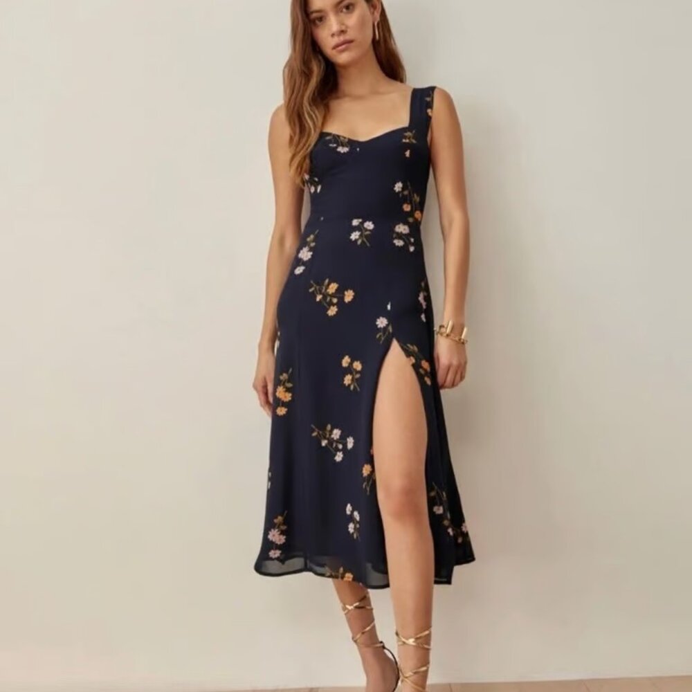 Reformation Navy Floral Dress with leg slit and bodice top